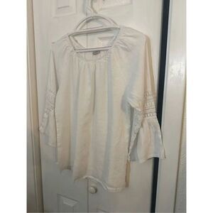 Alessia Pacini Women's 100% Linen Lace Bell Sleeve Peasant Blouse White Small